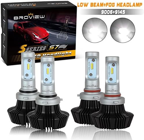 (4pcs)BROVIEW Headlights Low Beam & Fog Lights Combo 9006 & 9145 H10 Philips Chips @ 8000lumens 360 degree Cool White Bulbs