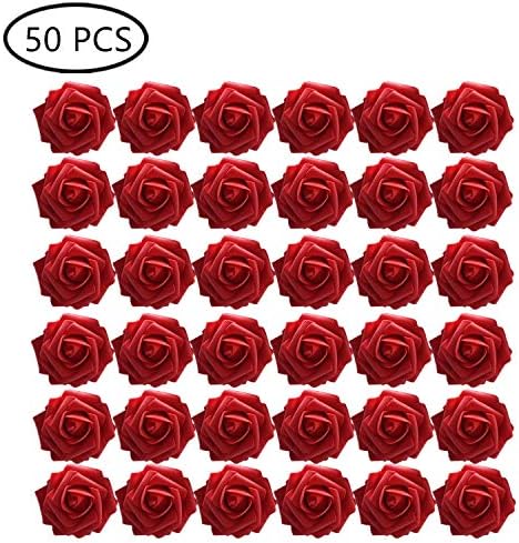 DQTYE 50pcs 8cm Real Touch Artificial Rose Fake Foam PE Flowers Head with Leaf and Adjustable Stem for DIY Bouquets, Wedding Party, Bridesmaid, Home Decor, Centerpieces, Floral Posies โ Red