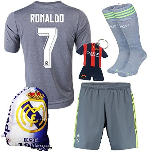 KID BOXยฎ 2015/2016 #7 Gray Soccer Football Jersey Sportswear Team Polo Shirt & Short & Sock & Key Chain & Soccer Bag FOR Kids 3-14 Years