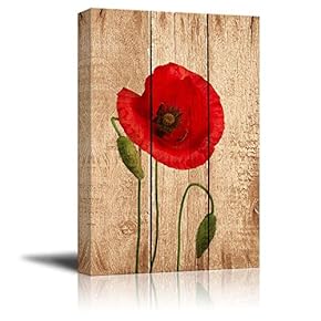 Canvas Prints Wall Art - Red Poppy Flower on Vintage Wood Background | Rustic Home Art - 12" x 18"