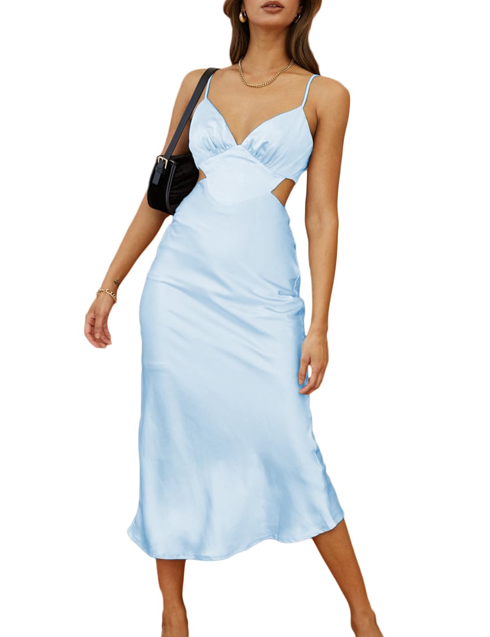 Photo 1 of *medium* Women Satin Cutout Slip Backless Maxi Dress V Neck Spaghetti Strap Bust Ruched Back Tie Strap Midi Dress for Wedding Guest Blue M