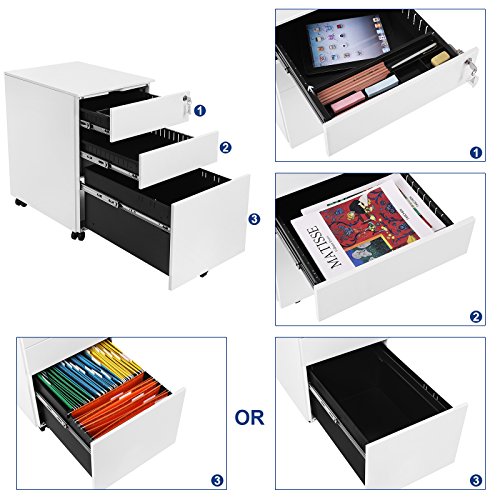 SONGMICS OFC60WT Office Cabinet Metal Mobile Storage Box with Wheels and Lock for Documents and Hanging File with 3 Drawers 39 x 52 x 60 cm White