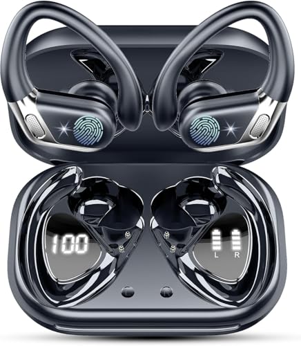 Wireless Earbuds, Bluetooth 5.4 Headphones Sport with 4 ENC Mic, Wireless Earphones in Ear HiFi Stereo, 50H IP7 Waterproof Bluetooth Earbuds with Earhooks, LED Display Wireless Headphones for Running