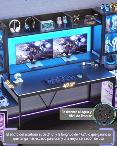FL FASHION LEADER Escritorio Gamer 190cm Escritorio para Computadora con Luces LED Escritorio Minimalista con Soporte para Monitor, Mesa de PC con Estantes Negro