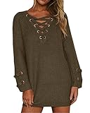 BOBIBI Women's Lace Up Front V Neck Long Sleeve Knit Pullover Sweater Mini Dress Top