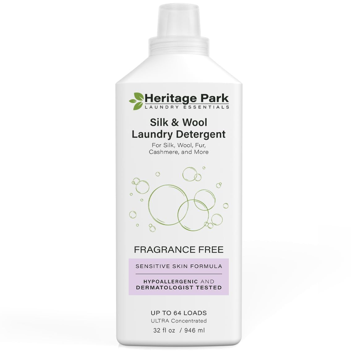 Heritage Park Silk & Wool Fragrance Free, Hypoallergenic, pH-Neutral Laundry Detergent – Dermatologist-tested, Sensitive Skin-Friendly, Enzyme-Free, Concentrated Up to 64 loads (32 fl oz)