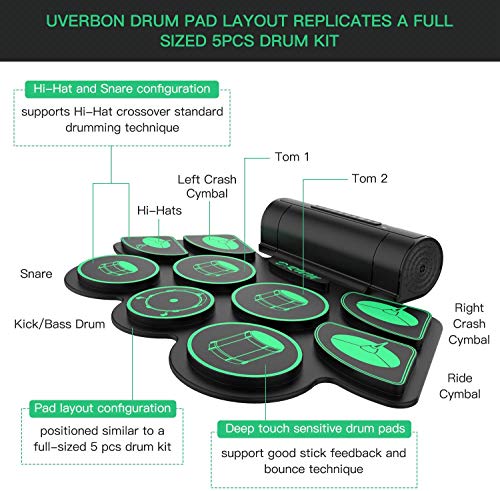 Electronic Drum Set Digital Roll-Up MIDI Drum Kit 9 Silicon Durm Pad Built-In Stereo Speaker with 2 Foot Pedal for Children Beginners - Uverbon