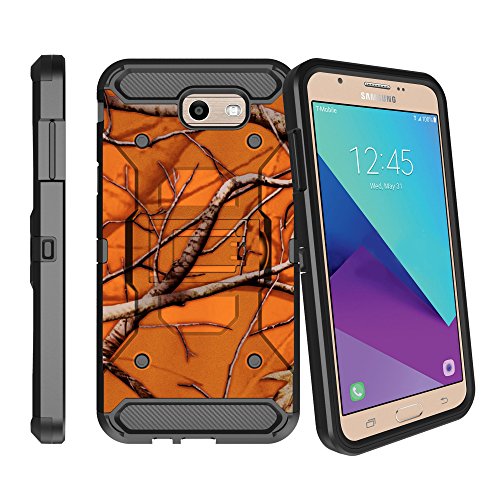 Heavy-Duty MAX Guard Samsung Galaxy J7 2017 Phone Case by MINITURTLE[Compatible w/ J7 2017 / J7 Halo / J7 2017] High-Impact Advanced Silicone Layer w/Kickstand + Holster - Orange Branch Camo