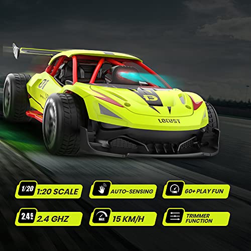 DEERC 287A 2 in 1 Auto-Sensing Remote Control Car, 15KM/H Racing Sport RC Cars with 2 Rechargeable Batteries for 60 Min, 1:20 Scale Vehicle Toy Hobby Car for Kids Teens Adults Gift