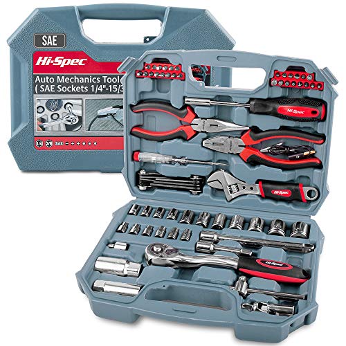 Car Tool Kit, Hi-Spec DT30016, SAE Auto Mechanics Tool Set - 3/8" Ratchet, 5/32" - 3/4" SAE Sockets Set, T-Bar, Extension Bar, 67 Piece SAE Hand Tools & Screw Bits in Storage Case