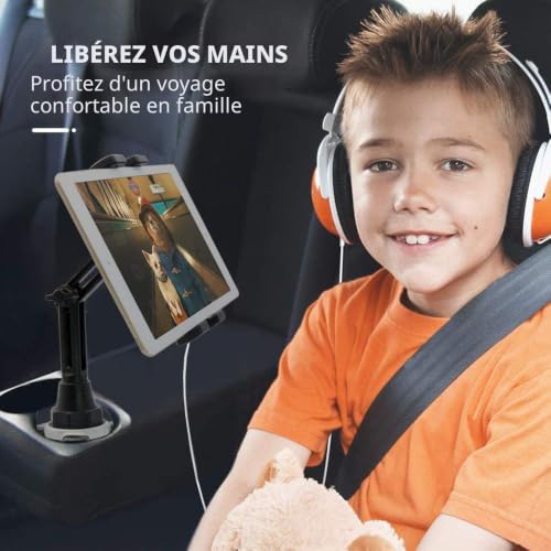 Support Tablette Voiture Gobelet, woleyi Universel Porte Gobelet Tablette avec Bras Télescopique, Support Téléphone Voiture Tasse, Pour iPad Pro 12.9 10.5 9.7 Air Mini 5 4 3 2, iPhone Series 4-13"