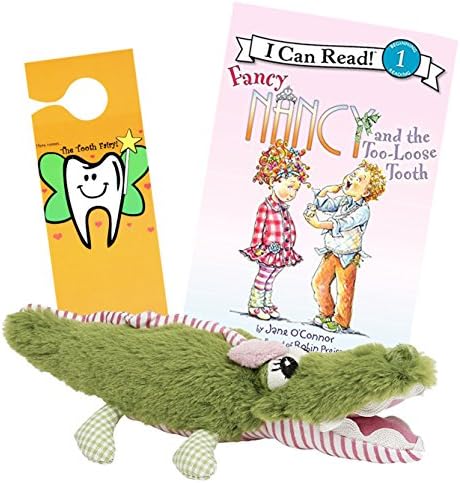 Tooth Fairy Kit - Plush Alligator Tooth Fairy Figure with Pocket by Masion Chic, Tooth Fairy Book Fancy Nancy and The Too Loose Tooth & Door Hanger for Girls About to Loose Their First Tooth