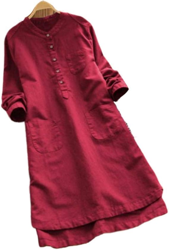 Amazon Sooggi ボタンワンピース レディース 森ガール 春夏秋 長袖 ドレス 膝丈 体型カバー Aライン 着痩せ きれいめ 日常 多色 ワンピース チュニック 通販