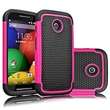 Motorola Moto E Case, Moto E 1st Gen Case, Tekcoo(TM) [Tmajor Series] [Hot Pink / Black] Shock Absorbing Hybrid Rubber Grip Plastic Impact Defender Rugged Slim Hard Case Cover Shell For Moto E 2014