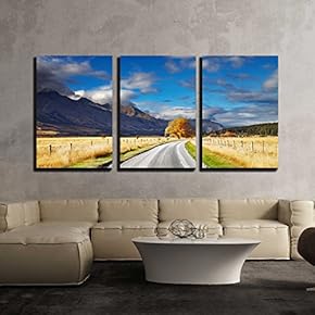 3 Piece Canvas Wall Art - Mountain Landscape with Road and Blue Sky, Otago, New Zealand - Modern Home Art Stretched and Framed Ready to Hang - 16"x24"x3 Panels