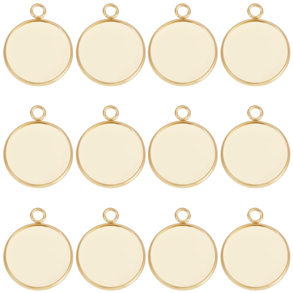 Beebeecraft 1 Box 40Pcs 20mm Cabochon Settings Charms 24K Gold Plated Stainless Steel Plain Edge Bezel Cups Flat Round Back Charm for DIY Jewellery Making Findings