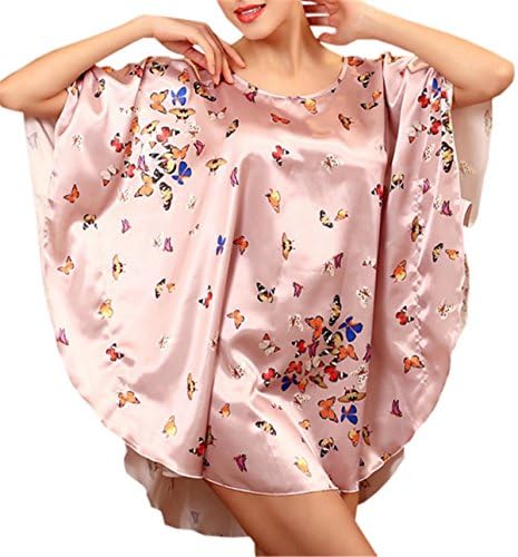 Betusline Women's Batwing Sleeve Pajamas Satin Printed Nightgown Dress