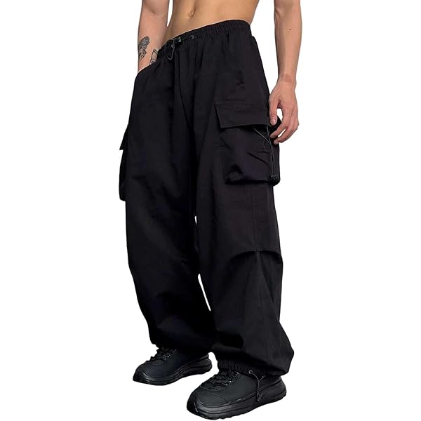 Men’s Parachute Cargo IG Mens Cargo Parachute Pants Streetwear Vintage Y2K Hip Hop Wide Leg