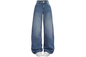 Nivne Tco Tween Girls Wide Leg Jeans - Zipper Fly and Pockets, Elastic Waistband Cute Baggy Denim Pants for Girls Clothing