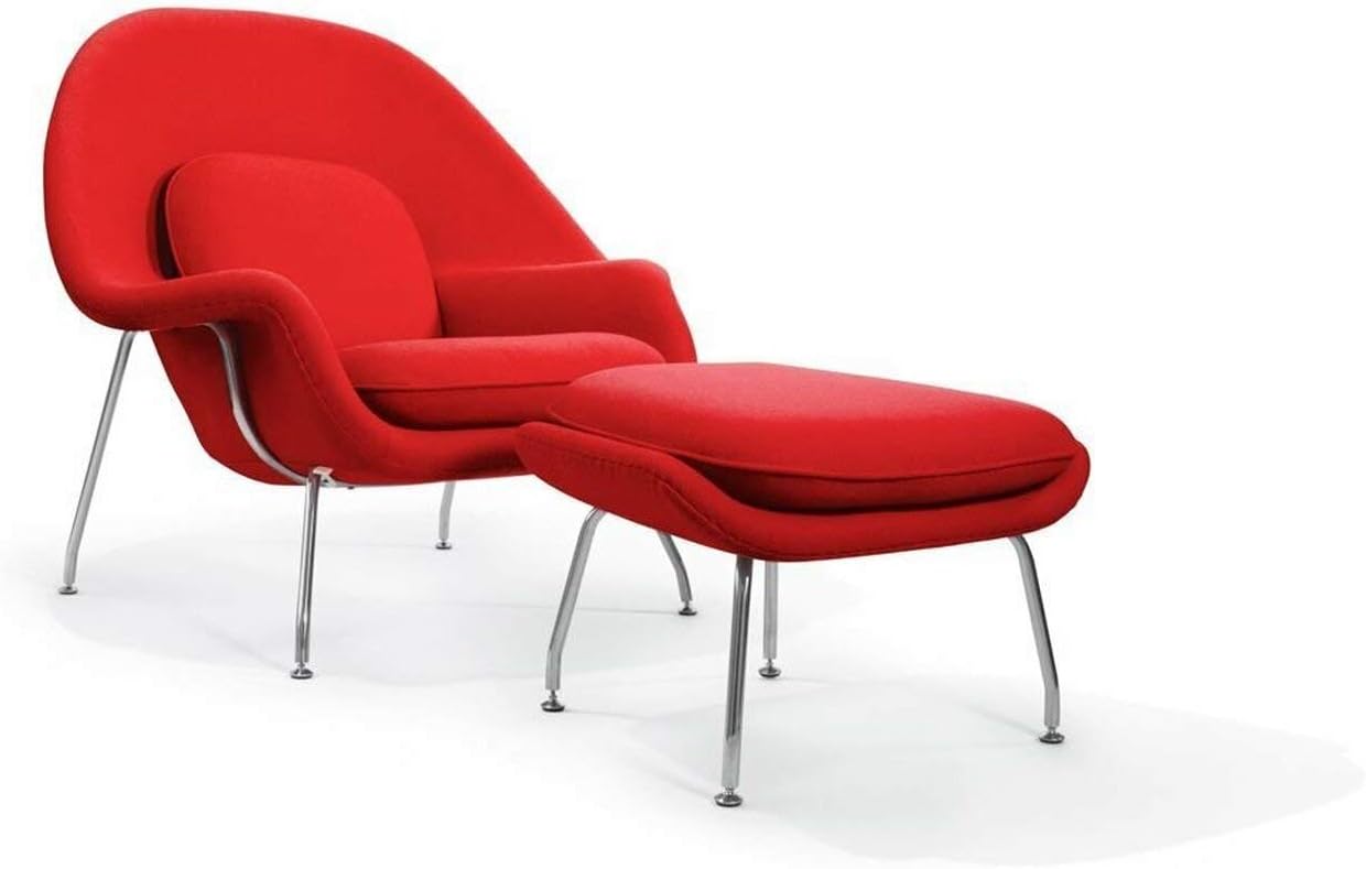 Decorific NYC Mid-Century Minimalist Chair and Ottoman - Classic, Red Cashmere, Boucle Fabric