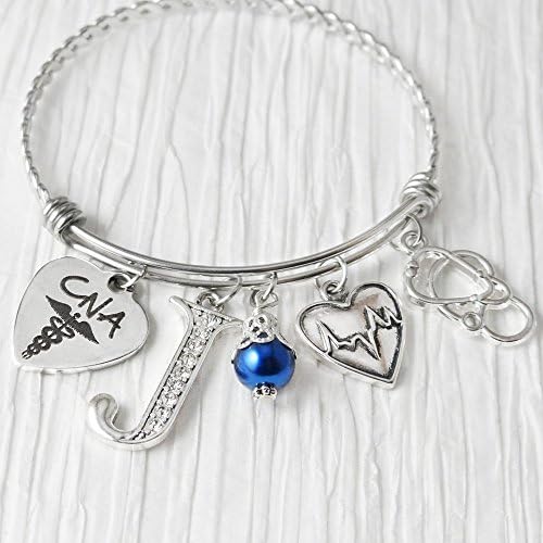 CNA Gifts for women,Graduation Gift, Personalized Bangle Bracelet, Stethoscope Charm, Heart pulse rhythm charm, Initial charm bracelet, (Can be RT, RN, NP, etc)