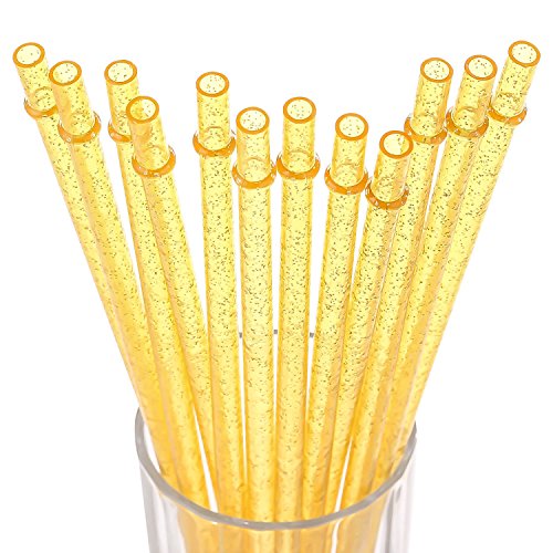 Dakoufish BPA-Free 12 Piece 11 Inch Reusable Clear Plastic Glitter Sparkle Drinking Straw Plus one Cleaning Brush (Yellow,11inch)