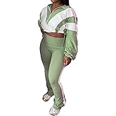 Lingt Chic Women's 80s Color Block Tracksuit 2 Piece Outfit Zip Up Crop Jacket and Bodycon Pants Set Long Sleeve Sweatsuit