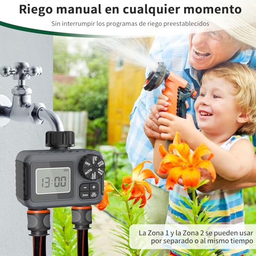 vantisan Temporizador de riego 2 Zonas Programable para Manguera 2 Salidas, con Modo automático, Manual y retardo por Lluvia para Plantas, Césped y Jardines