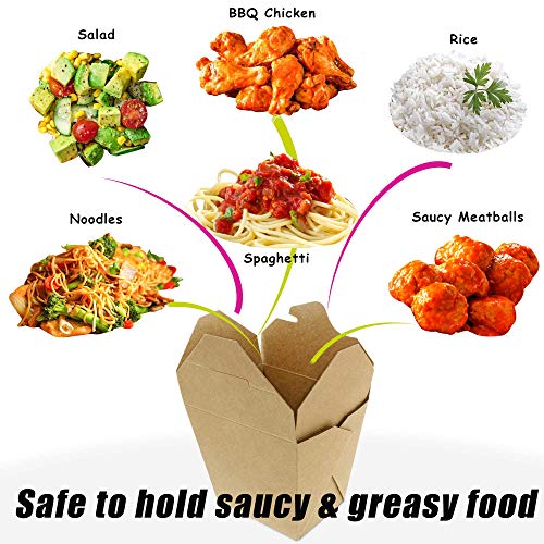 [50 Pack] 32 oz Chinese Take Out Boxes 4.5x4" Plain Kraft Paperboard Food Containers, Leak and