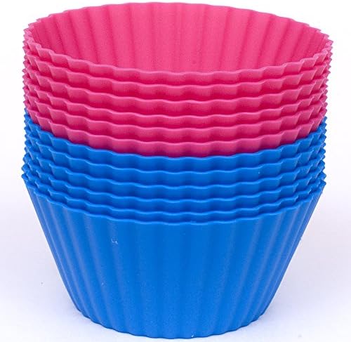 Silicone Cupcake Liners - Set Of 12 Premium Reusable Muffin Baking-Cups In Container - Blue, Pink.