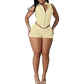 ThusFar 2 Piece Sets for Women Sexy Shorts Going Out Outfits Zipper Up Crop Tank Vest Top Club Short Set Workout Gym