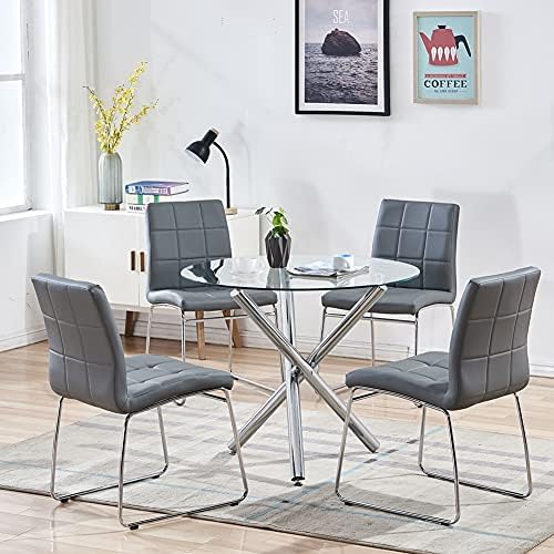 5 Pieces Round Glass Dining Table Set for 4, Modern Kitchen Table with
