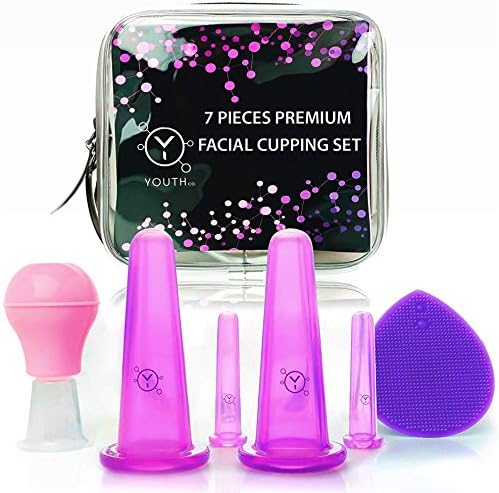 Facial Cupping Face Therapy Set – 2 Face Silicone Cups + 2 Eyes and Lips Cups + 1 NEW Bulb Cup + FREE Cosmetics Bag AND Exfoliating Brush – Suction Massage System - Safe Anti Aging Results Tool