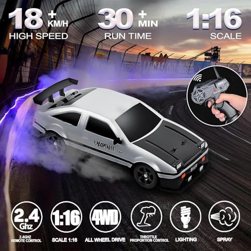 Remote Control Car RC Drift Car 1/16 Scale 4WD 18KM/H High Speed RC Car 2.4GHz with LED Lights Spray Racing Toy Car for Adults Boys Girls Kids Birthday 2Pcs Rechargeable Batteries (White)