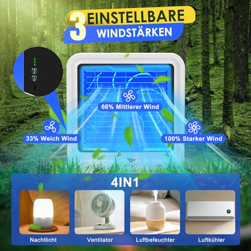 Portable Air Conditioner, 3 in 1 Tubeless Air Cooler, USB Quiet Fan with Water 500ml, 3 Speeds, 7 Colors Light, Small Evaporative Air Conditioner for Bedroom and Office