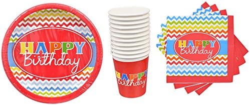 PartyDeiz Happy Birthday Theme Colorful Bundle (18 Paper Plates, 12 Cups, 20 Napkins)