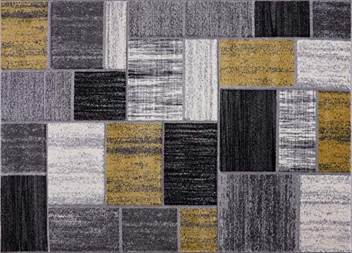 New Modern Blocks Squares Design Thick Soft Mustard Ochre Gold Silver Grey White Black Runners Rugs Mats (60x120cm)