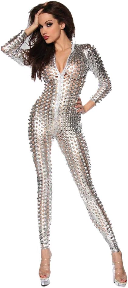 Women's Shiny Catsuit Ladies Sexy Faux Leather Jumpsuit Dancewear Hollow Out Zipper Front One Piece Cosplay Party Clubwear Fancy Playsuit