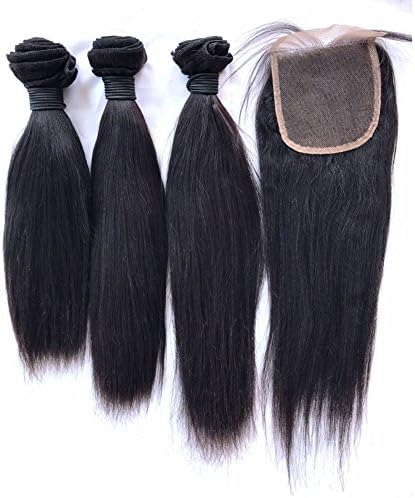 FDshine Yaki Brazilian Hair Closure and Bundles Human Hair Extensions with Lace Closure 4x4 Natural Black Hair Pack of 4 (16" 18" 20" with 14")