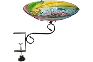 teyigarden Deck Mounted Bird Bath for Outside, Glass Birdbath Bowl & Birdfeeder with Adjustable Sturdy Metal Clamp for Railing Balcony, 10.5" Dia, Colorful