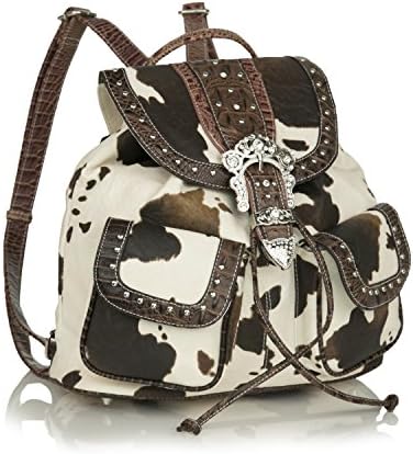 Brown Faux Leather Trim Western Bling Backpack, Cow Print w/ Rhinestone Buckle