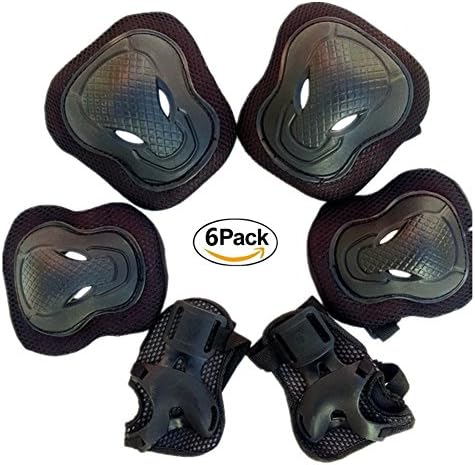 Adjustable Protective Gear Pads Knee/Elbow/Wrist Black Safety Guards 6-Piece Set for Cycling, Roller Skating, Skateboard,Bmx, Tactical Military,Climbing