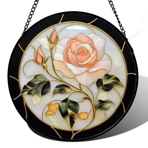 Pink Rose Stained Glass Window Hanging Suncatcher