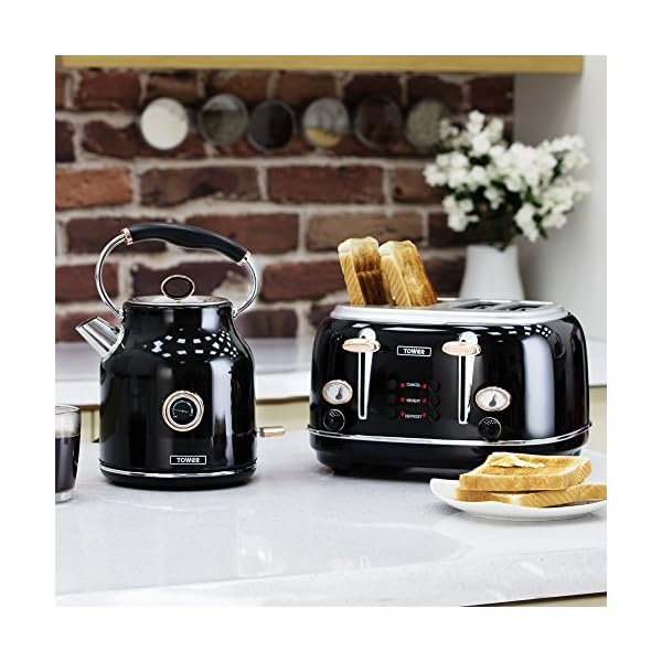 Tower Bottega T20017 4 Slice Stainless Steel Toaster with Variable Browning Control, Defrost and Reheat Settings, Black…