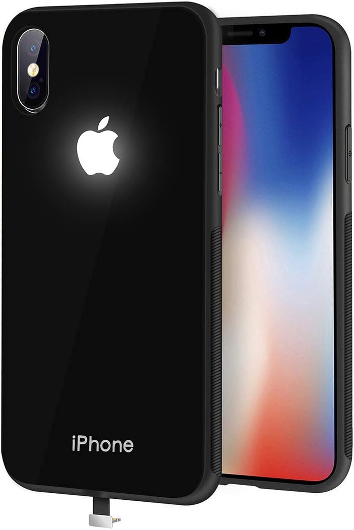i-Phone X/Xs/Max Cases Glass Body led Logo Light i-Phone case Glowing Light Up Logo Case Illuminate Cover xxf. (Black, i-X/Xs)