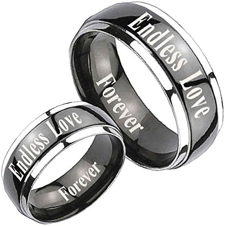 His and Hers Titanium Dome Mirror Polish Black IP Silver Edged Band Ring Set Size:4, 9