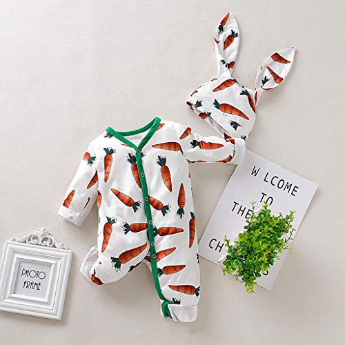 Xmiral Baby jongens meisjes cartoon wortelprint jumpsuit + konijnenoren hoed outfit - Image 6
