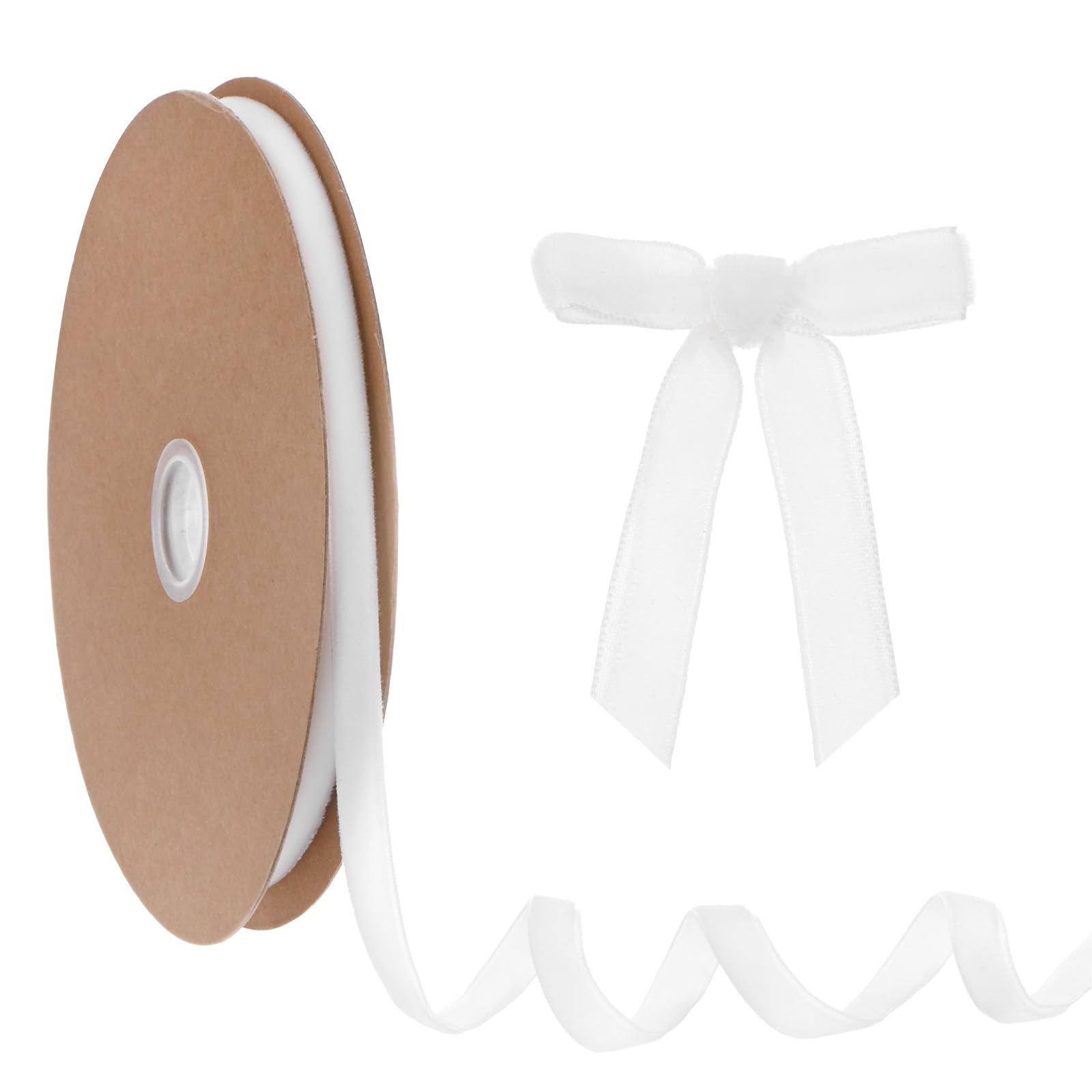 M METERXITY Thin Velvet Ribbon, 3/8'' 25 Yards Single Side Christmas Ribbon for Christmas Tree/Gift Wrapping/Flower Bouquet/Wreath Decorations/Bow Making/Handmade Crafts [White]