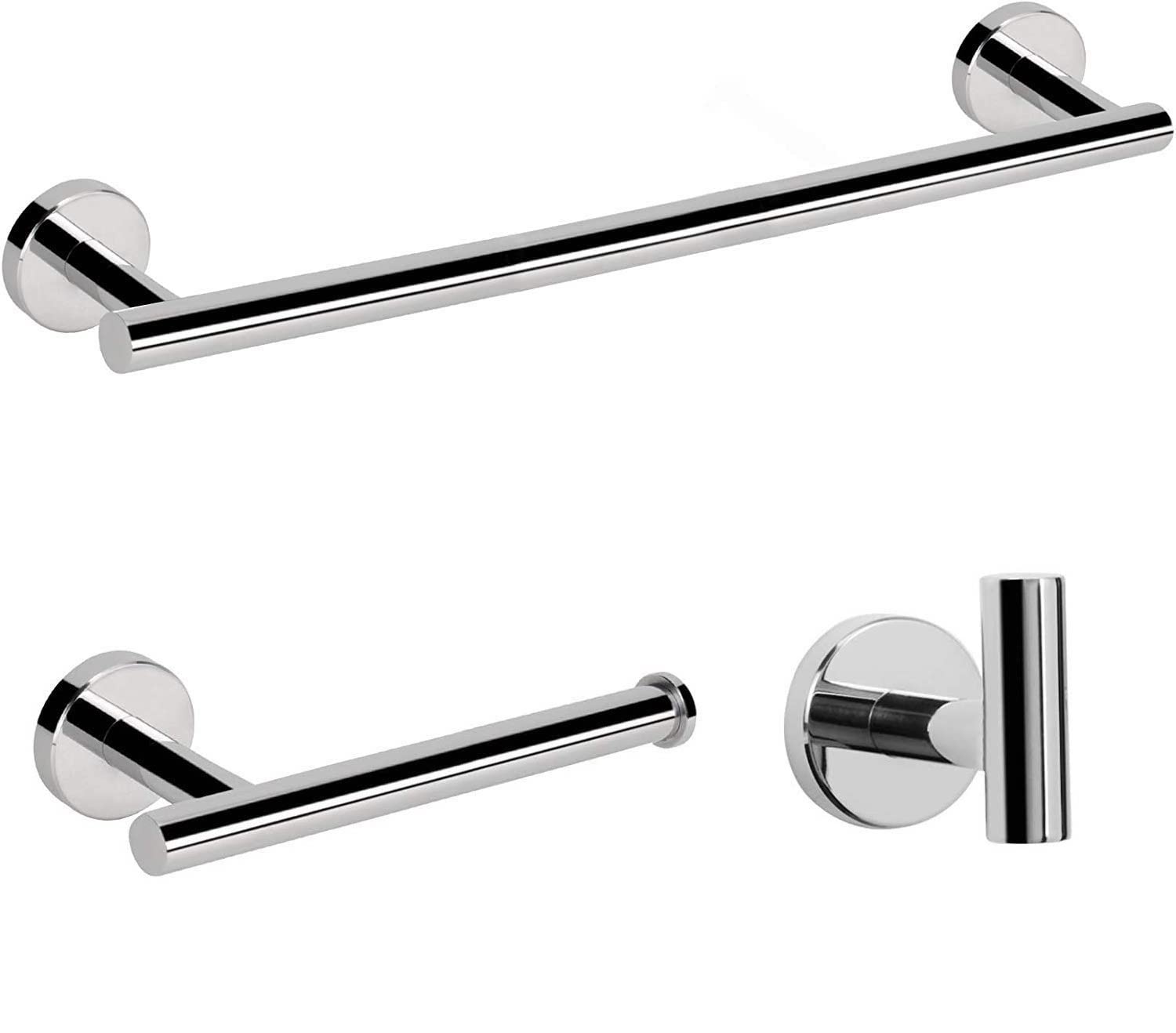YUET Chrome Bathroom Accessories Accessory Bars Set Hand Towel Holders Ring Rails For Bathrooms SUS 304 Stainless Steel Hardware Wall Mounted Rack, 12" Bath Bar + Toilet Paper Holder + Robe Hook