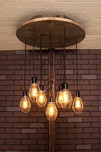 Industrial lighting, Industrial Chandelier, Antique Brass With Reclaimed Wood and 10 Pendants. R-26C-AC-10, Round